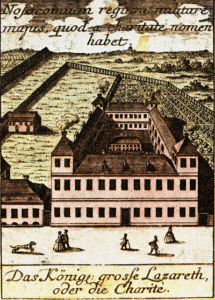 Die Charité, 1740 Nosocomium regium militare majus quod a charitate nomen habet = Das große königliche Militärhospital, das seinen Namen von der Barmherzigkeit („a c[h]aritate“) hat
